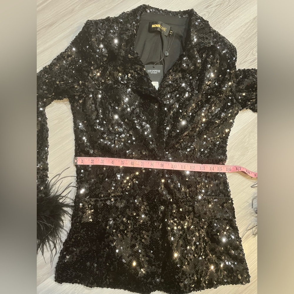 Black Sequin Blazer with Feather Cuffs - Picture 8 of 15